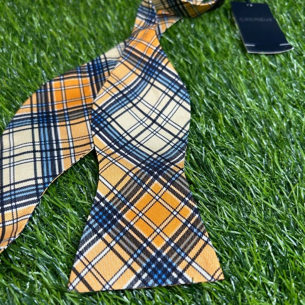Cremieux Plaid Silk Bow Tie Mens One Size Yellow Blue Adjustable Self Tie NWT